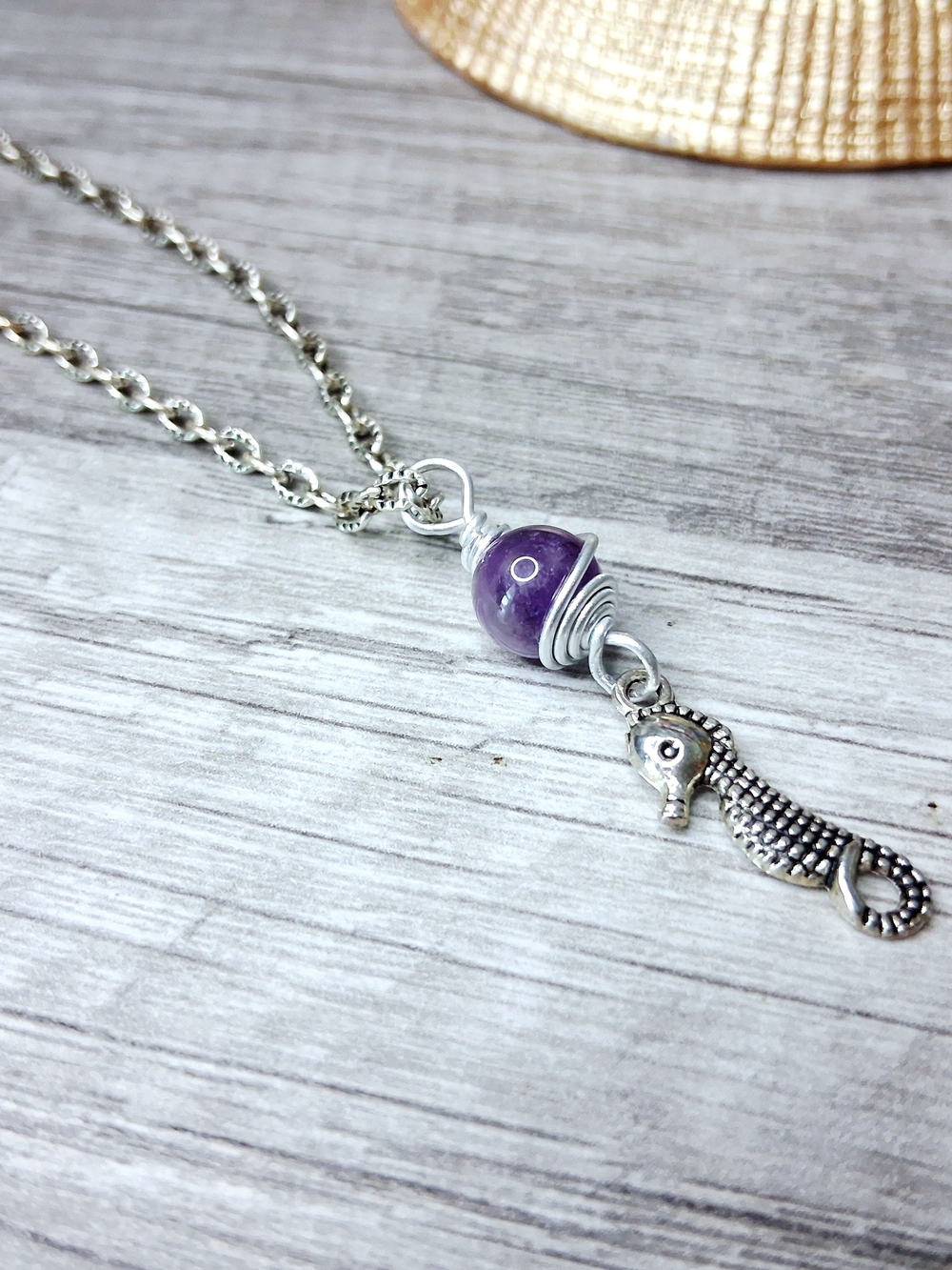 Silver Seahorse Pendant Choker Necklace with Purple Amethyst Bead